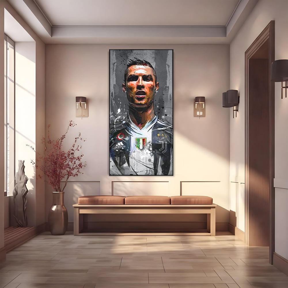 Tablou canvas cu tablou portret cristiano ronaldo juventus, in rama de aluminiu negru